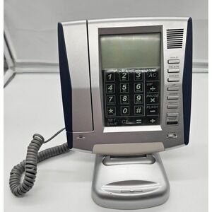 Silver Vertical Corded Desktop Telephone with Integrated Calculator and LCD